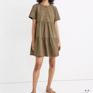 Madewell Olive Button-Front Short-Sleeve Tiered Mini Dress